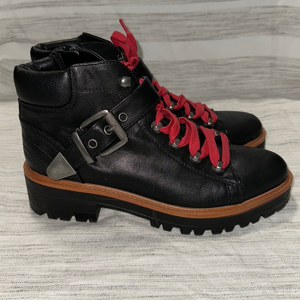 Black Combat Style Boots with Red Laces and Buckle Detail